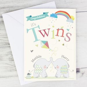 Personalised Hessian Elephant Twins Congratulations Card
