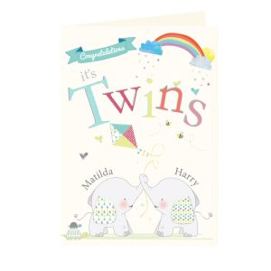Personalised Hessian Elephant Twins Congratulations Card