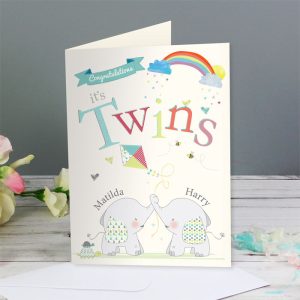 Personalised Hessian Elephant Twins Congratulations Card