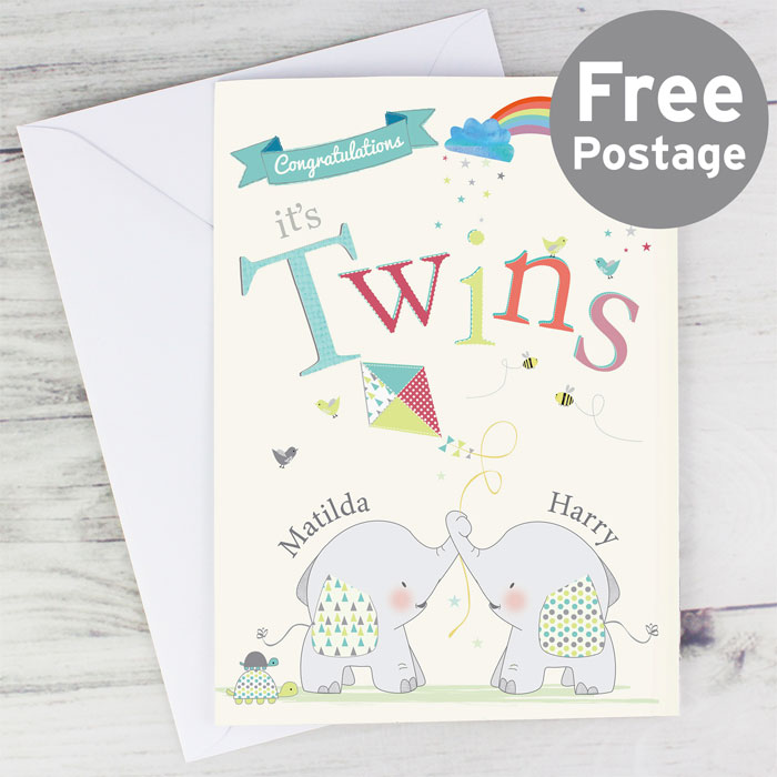Personalised Hessian Elephant Twins Congratulations Card