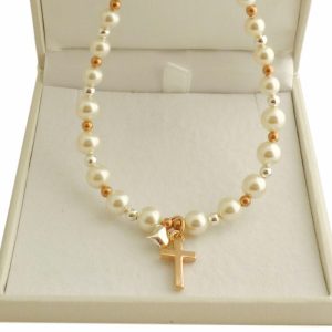 Rose Gold Silver and Ivory Preciosa Pearl Cross Necklace
