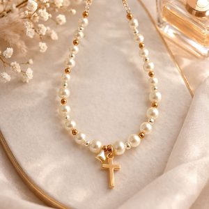 Rose Gold Silver and Ivory Preciosa Pearl Cross Necklace