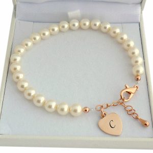 Ivory Pearl and Rose Gold Bracelet With Engraved Heart