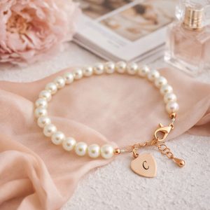 Ivory Pearl and Rose Gold Bracelet With Engraved Heart