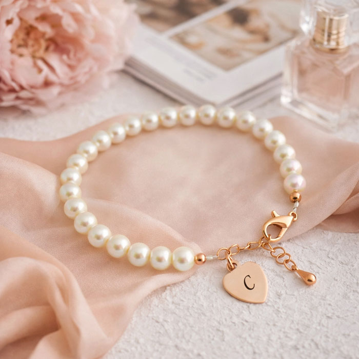 Ivory Pearl and Rose Gold Bracelet With Engraved Heart