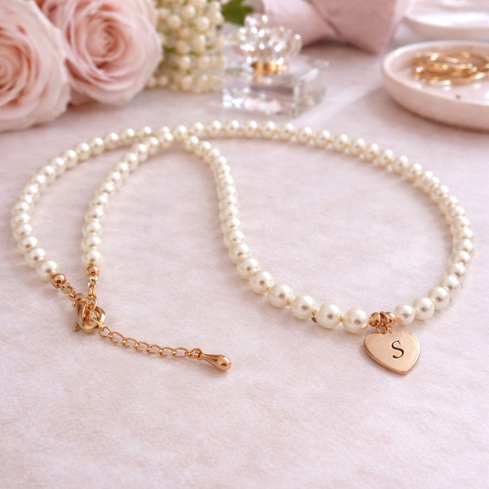 Girl's Ivory Pearl & Rose Gold Necklace With Engraved Heart