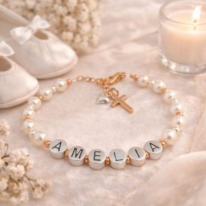 Pearl, Pewter and Rose Gold Name Bracelet With Cross