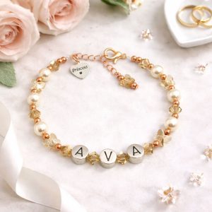 Pearl and Rose Gold Butterfly Princess Name Bracelet