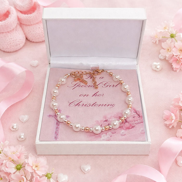Rose Gold & Silver Preciosa Pearl Christening Bracelet