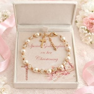 Preciosa Pearl Crystal and Rose Gold Christening Bracelet