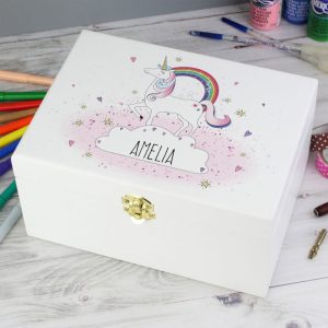 Girl's Personalised Unicorn White Wooden Keepsake Box