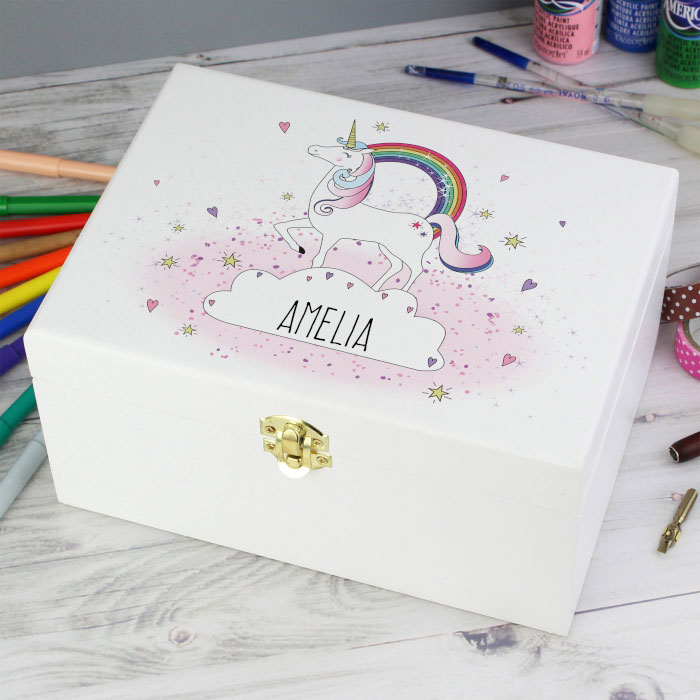 Girl's Personalised Unicorn White Wooden Keepsake Box