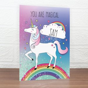 Personalised Girl's Pink Unicorn & Rainbow Birthday Card