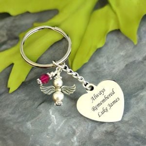 Engraved Memorial Keyring with Birthstone and Pearl Angel