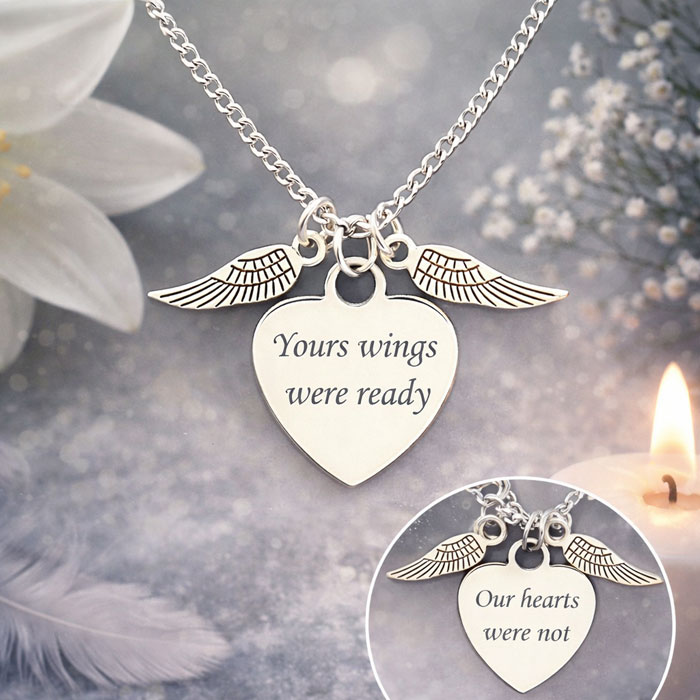 Personalised Angel Wings Memorial Necklace & Engraved Heart