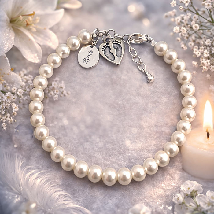 Personalised Pearl Baby Loss Bracelet With Footprint Charm