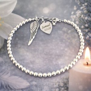 Silver Memorial Bracelet With Angel Wing and Engraved Heart