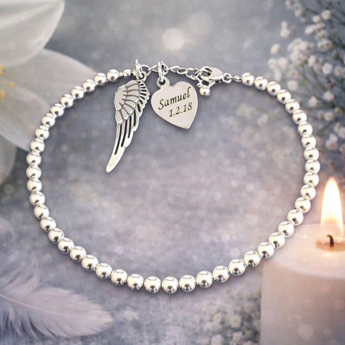Silver Memorial Bracelet With Angel Wing and Engraved Heart