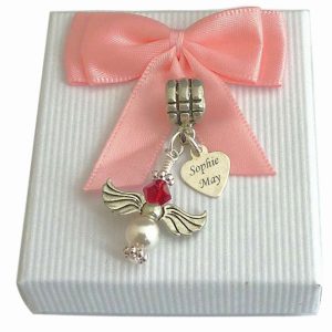 Preciosa Birthstone Angel Memorial Charm and Engraved Heart