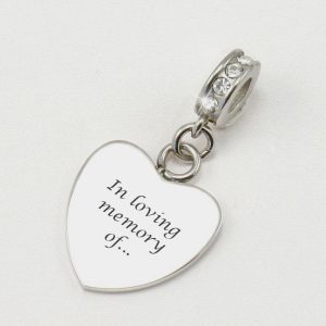 Engraved Stainless Steel Memorial Heart Charm With Crystals