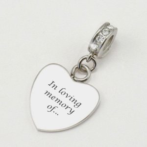Engraved Stainless Steel Memorial Heart Charm With Crystals