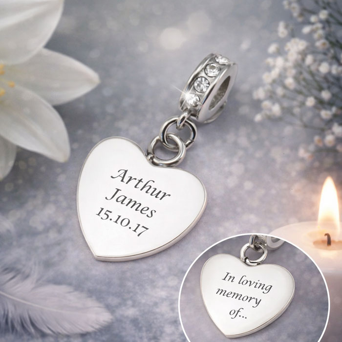 Engraved Stainless Steel Memorial Heart Charm With Crystals