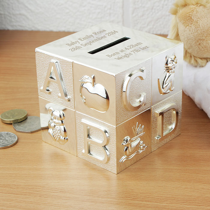 Engraved silver plated ABC baby money box