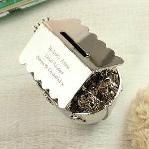 Personalised Silver Plated Noahs Ark Engraved Baby Money Box