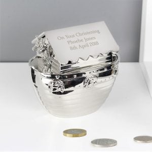 Personalised Silver Plated Noahs Ark Engraved Baby Money Box