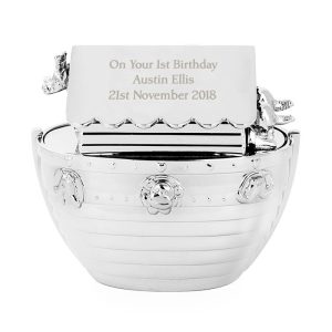 Personalised Silver Plated Noahs Ark Engraved Baby Money Box