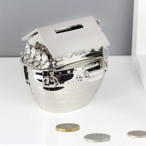 Personalised Silver Plated Noahs Ark Engraved Baby Money Box