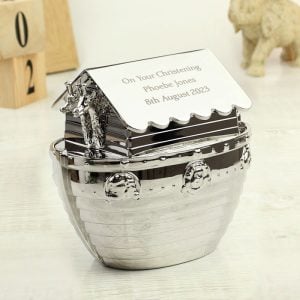 Personalised Silver Plated Noahs Ark Engraved Baby Money Box