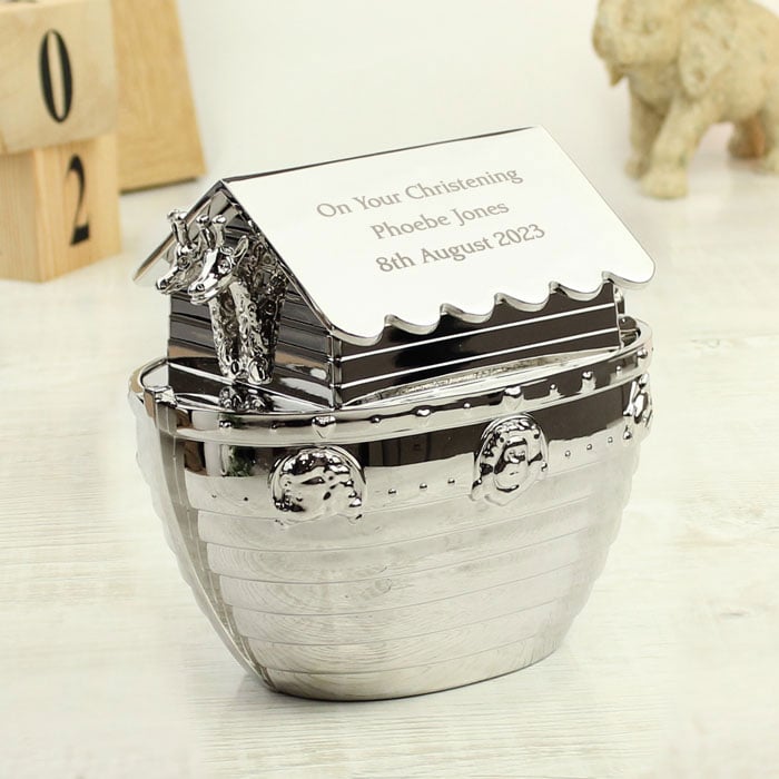 Personalised Silver Plated Noahs Ark Engraved Baby Money Box