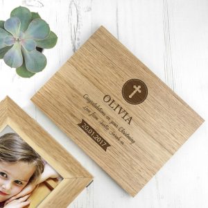 Personalised Christening Cross or Dove Oak Photo Cube