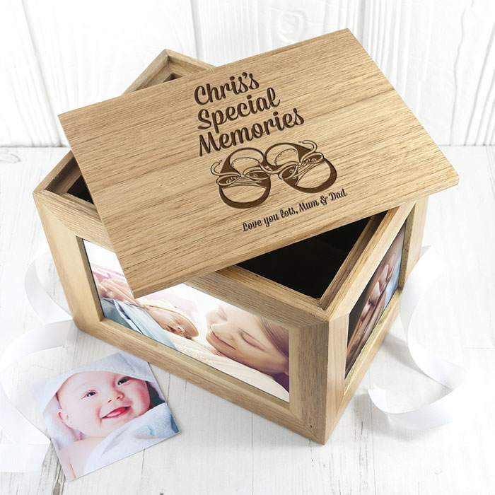 Personalised Baby Shoes Midi Oak Photo Cube Keepsake Box