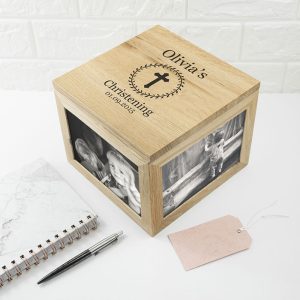 Personalised Christening Baptism Cross Oak Photo Cube Box