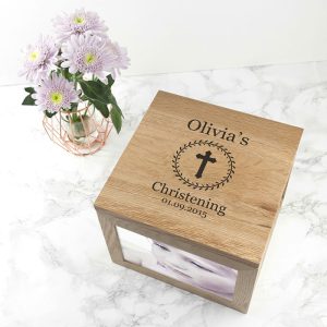 Personalised Christening Baptism Cross Oak Photo Cube Box