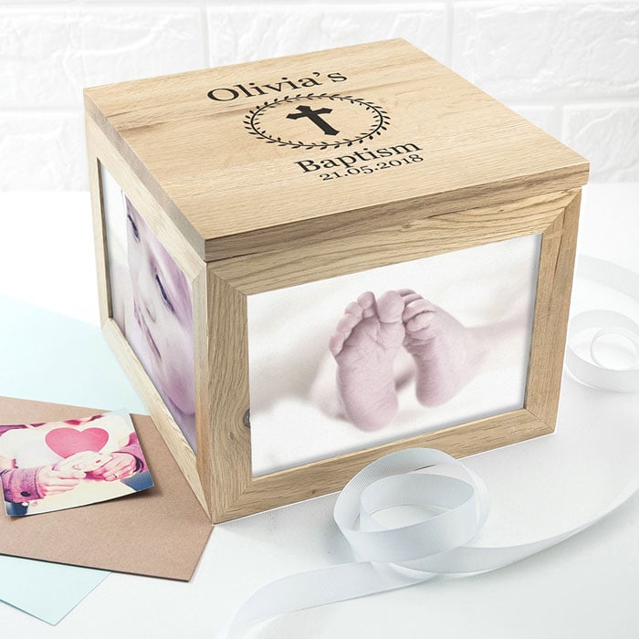 Personalised Christening Baptism Cross Oak Photo Cube Box