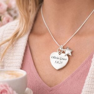 Sterling Silver Engraved Heart & Star Memorial Necklace