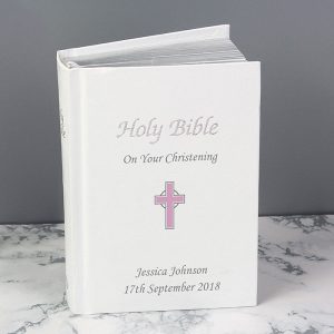 Girl's Personalised Pink Cross Christening Communion Bible