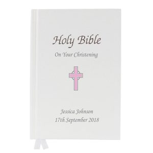 Girl's Personalised Pink Cross Christening Communion Bible