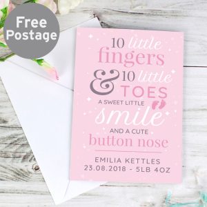 Personalised Ten Little Fingers Pink New Baby Girl Card