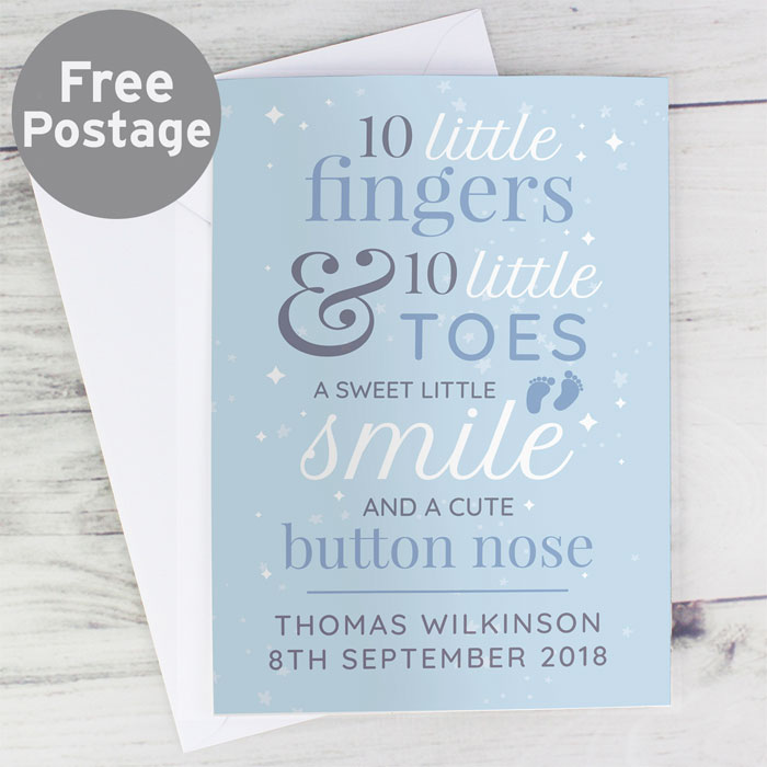 Personalised Ten Little Fingers Blue New Baby Boy Card