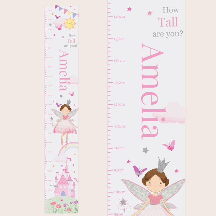 Girl's Pink Personalised Fairy Princess Growth Height Chart
