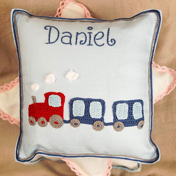 Boy's Personalised Crocheted Nursery Cushion Various Designs