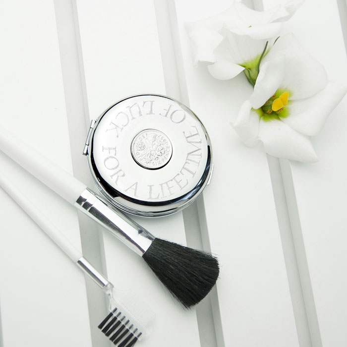 Personalised Silver Plated Lucky Sixpence Compact Mirror