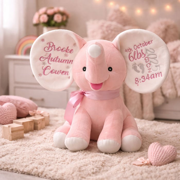 Personalised Embroidered Baby Cubbies Pink Dumble Elephant