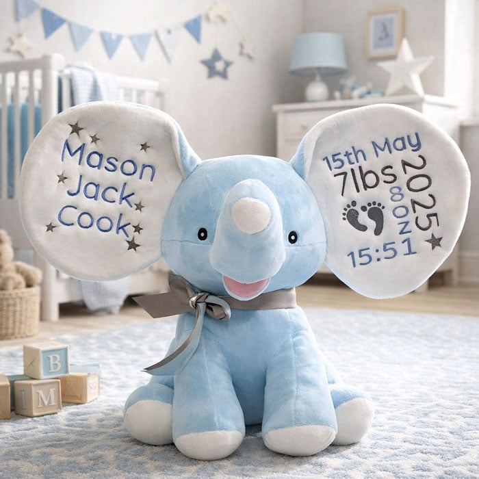 Personalised Embroidered Cubbies Blue Dumble Elephant