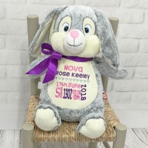 Personalised Baby Girl Cubbies Grey Birth Bunny