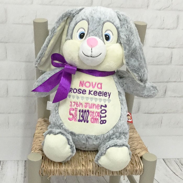 Personalised Baby Girl Cubbies Grey Birth Bunny